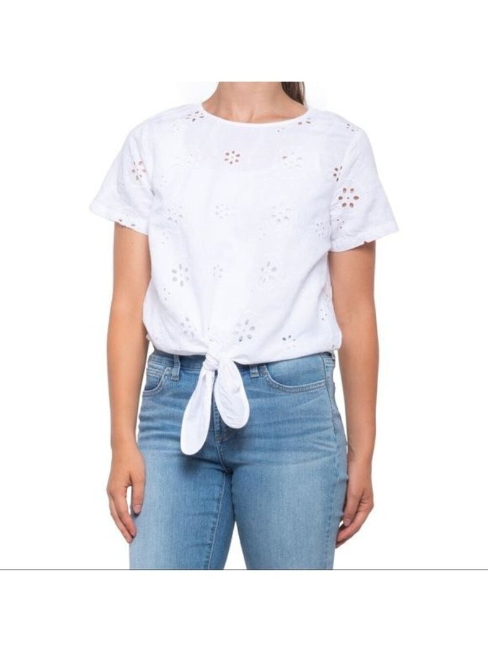 Christian Siriano White Linen Cotton Blend Eyelet Lace Coastal Top Women M